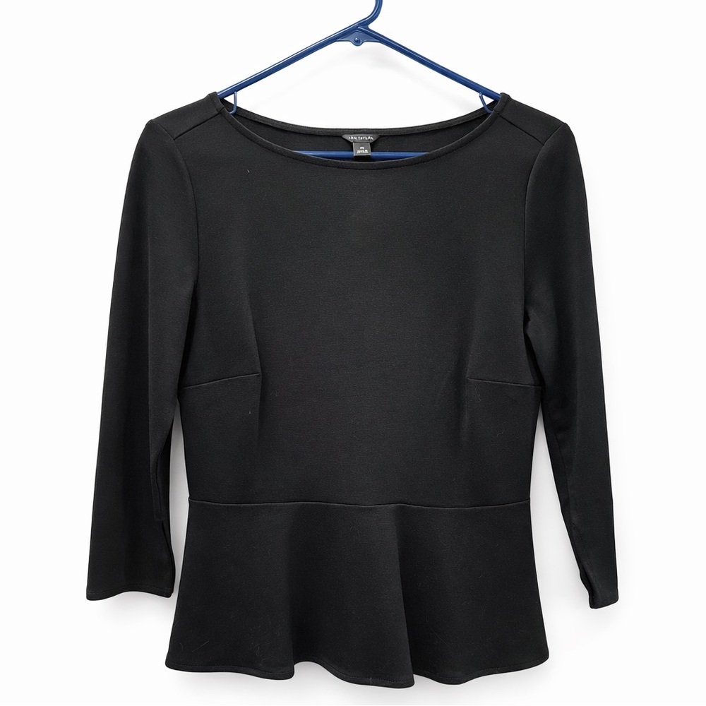 Ann Taylor Black Peplum Top XS Stretch‎ Knit Flowy Hem